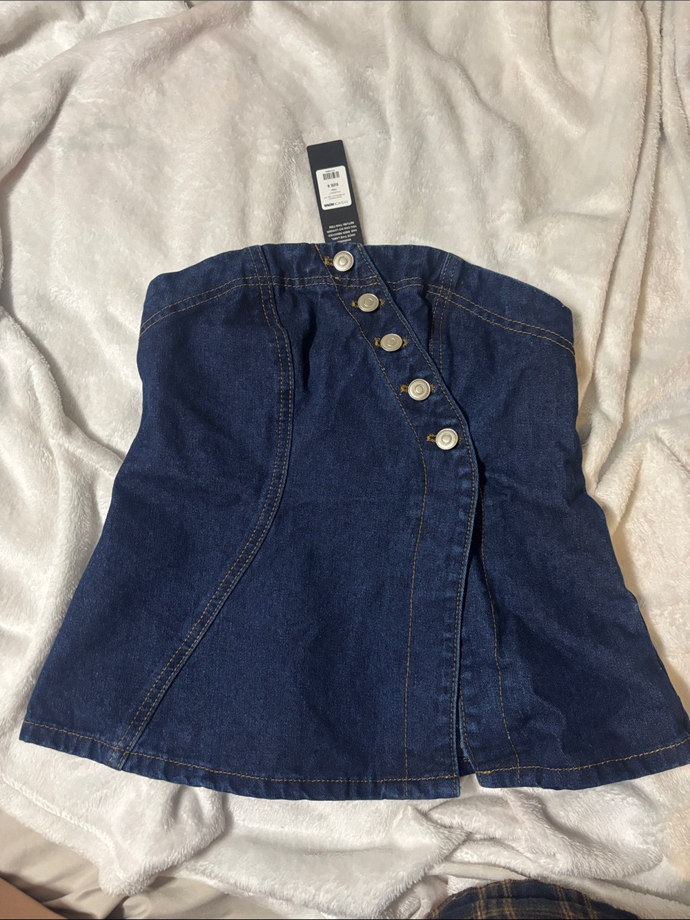 Fashion Nova Dark Blue Strapless Denim Top with Button Front